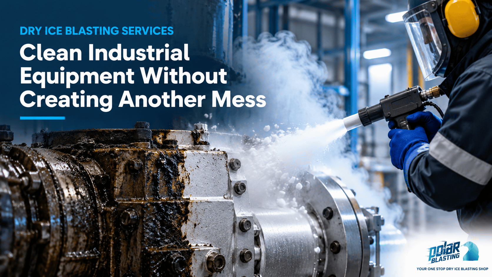Dry Ice Blasting: Industrial Cleanliness in Action Dry ice blasting removing thick grease from an industrial pump, showing the dirty and clean sections side by side with no water or abrasive waste
